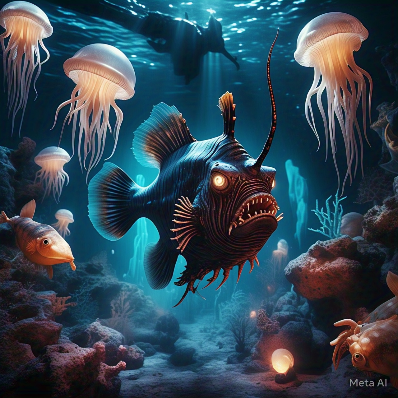 Deep sea creatures in the darkness