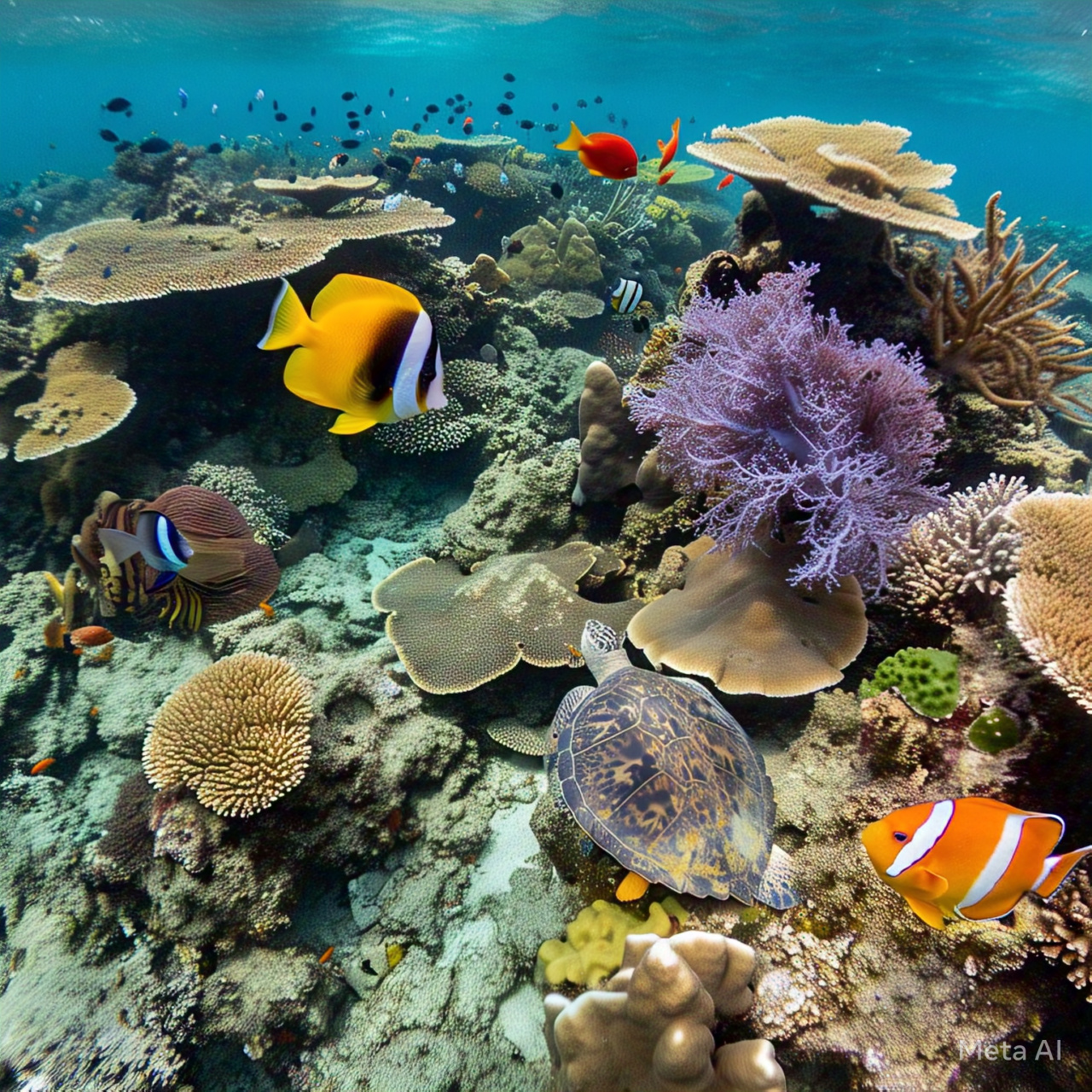 Diverse coral reef ecosystem with schools of colorful fish